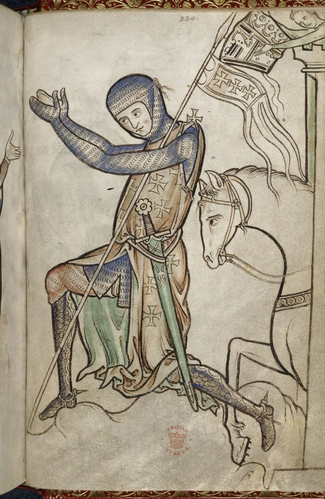 Křižácký rytíř modlící se před odjezdem do Svaté země, Westminsterský žaltář 13. století