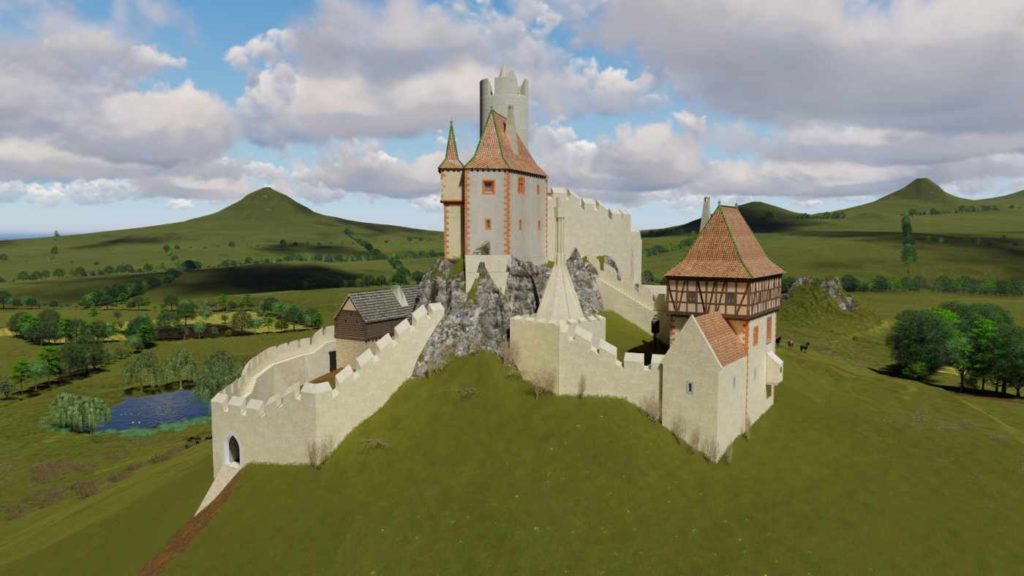 Rekonstrukce hradu Skalka - pohled od východu, na němž vpravo dolní předhradí (dnešní zámek), nad ním uprostřed jádro hradu s palácem a věží a vlevo pak druhé dolní předhradí s hospodářským zázemím
