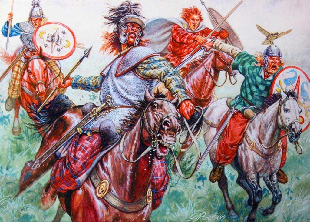 Keltští jezdci na ilustraci na Giuseppeho Ravy