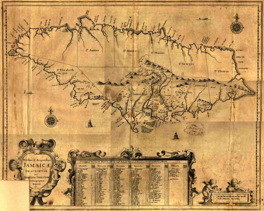 Mapa Jamajky nakreslená generálem Venablesem během takzvaného Západního plánu