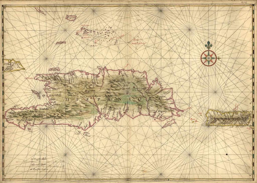 Mapa ostrova Hispaniola z roku 1639, tedy 16 let před pokusem o britskou invazi