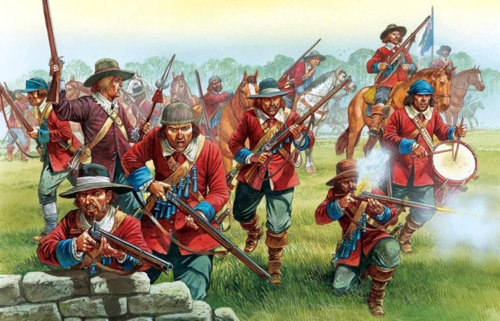 Dragouni anglické New Model Army vyzbrojení na tu dobu revolučními křesadlovými mušketami