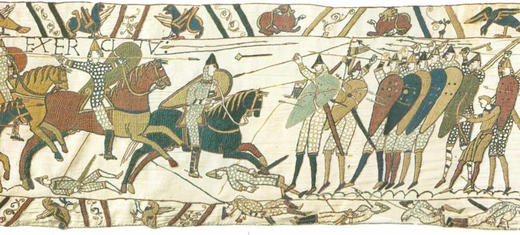 Střet normanské jízdy s anglosaskou pěchotou na tapisérii z Bayeux