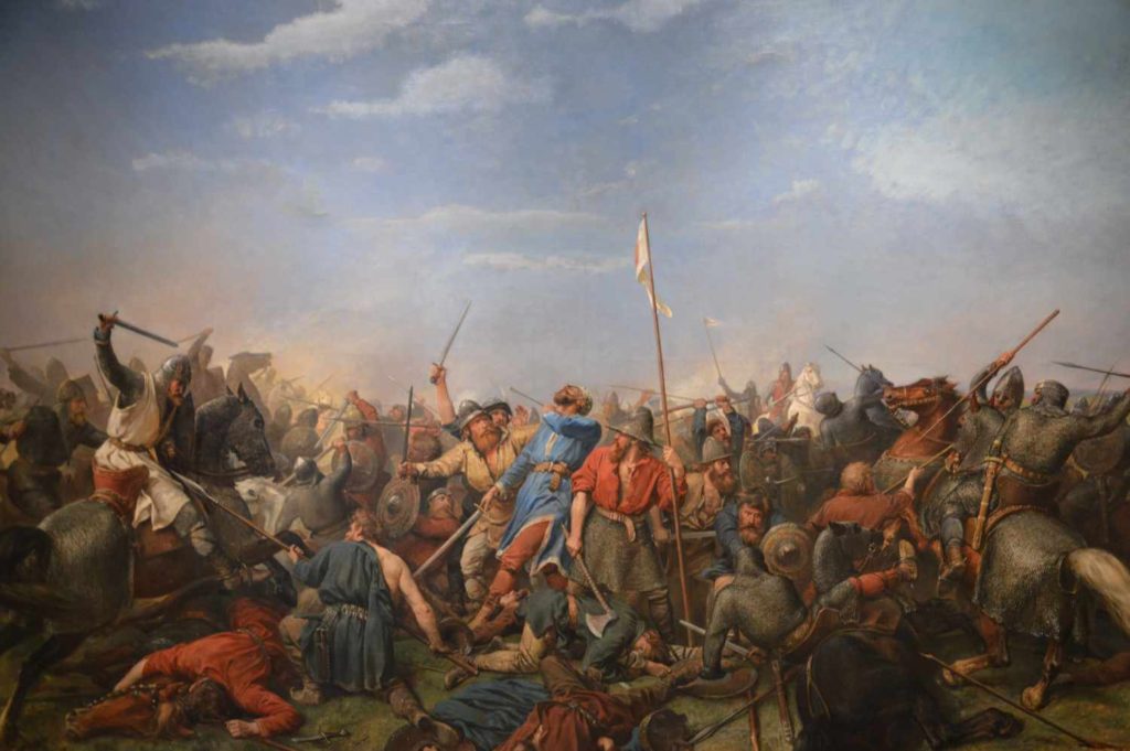 Smrt Haralda III. v bitvě u Stamford Bridge v podání norského malíře Petera Nicolai Arba (1870)