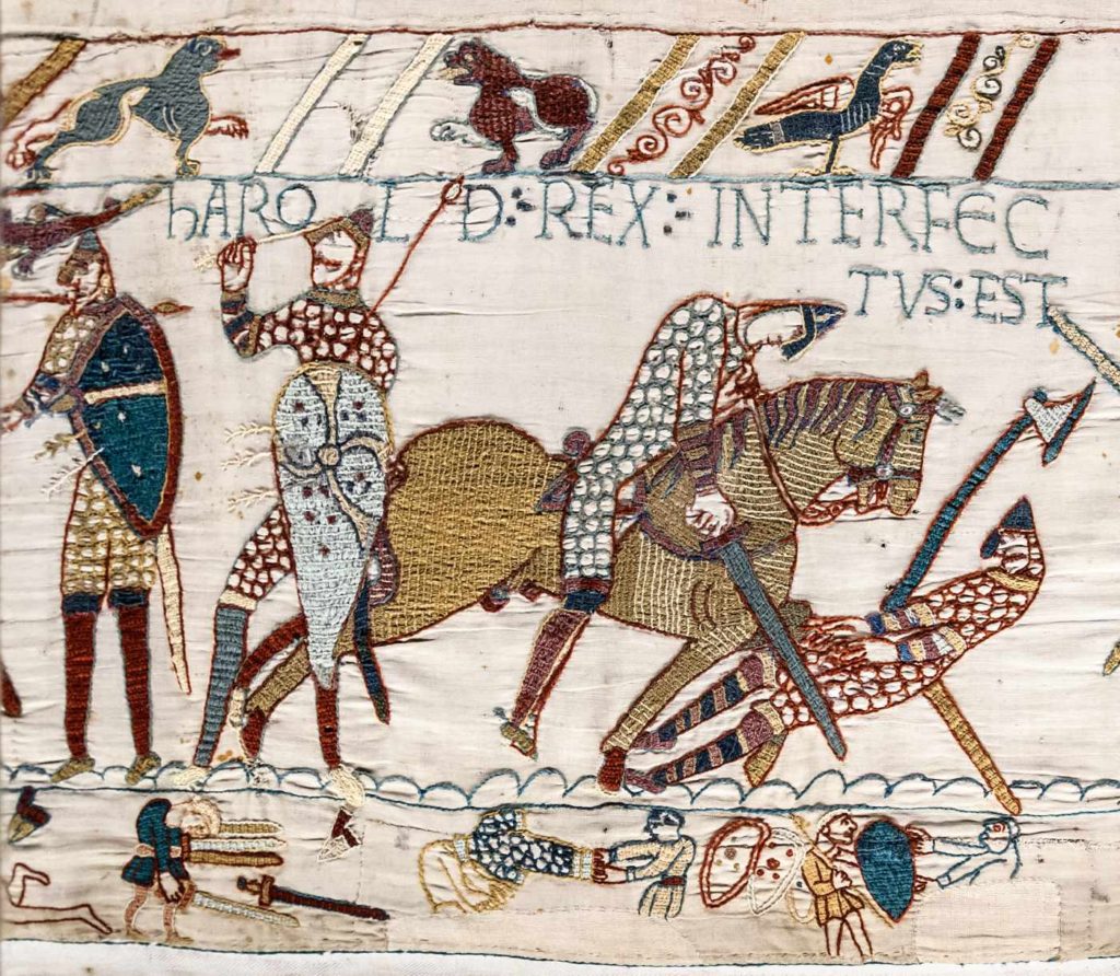 Tradičně přijímaná verze Haroldovy smrti zachycená na tapisérii z Bayeux